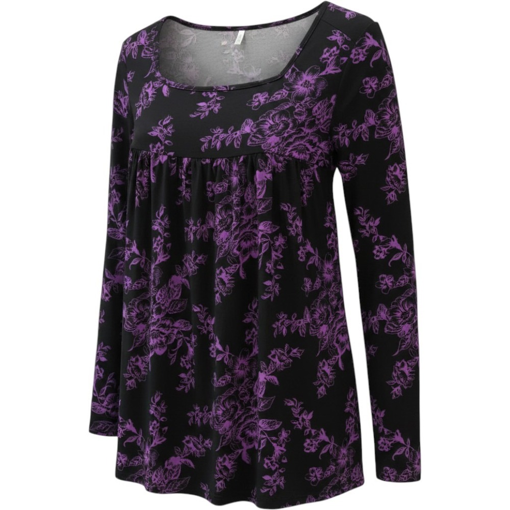 PEVRL Womens 3XL Purple Floral Babydoll Tunic Top Black Long Sleeve Square Neck